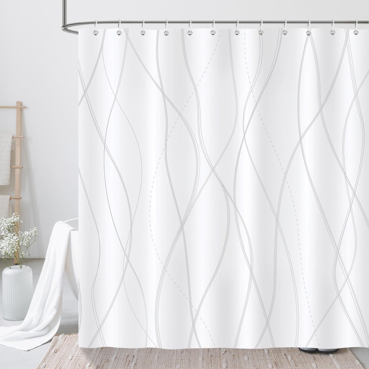 COZZSNUGE Modern Stripes Shower Curtain, Grey and White Striped Bathroom Curtain 183 x 183 cm, Water Repellent Mildew Resistant Polyester with 12