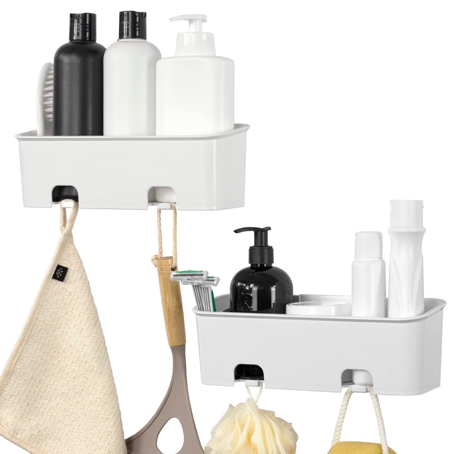 SBW Shower Caddy, 2 Pack, Rust Proof Wall Mounted Bathroom Shower Organiser Storage Shelf Rack Caddies with Hangers, No-Drilling, Simple Glue Install,