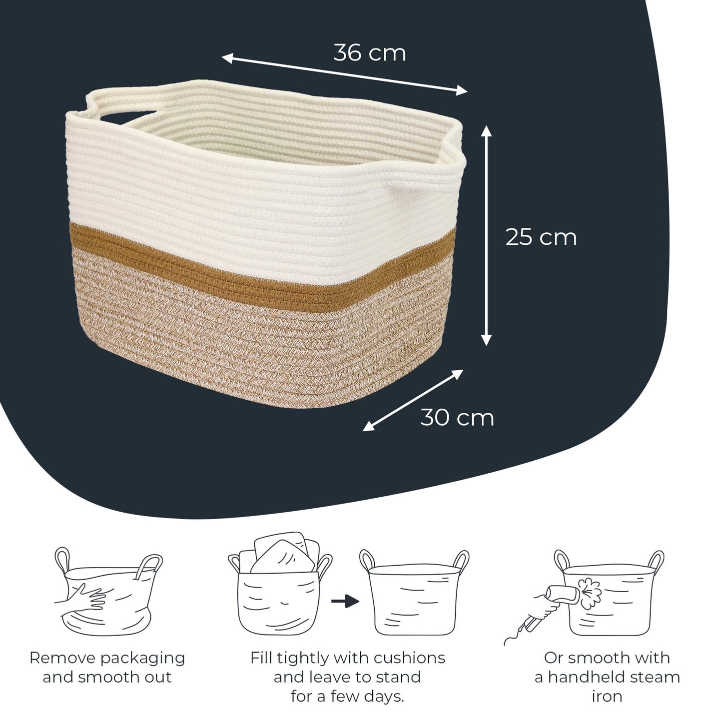 HMF Storage Basket with Extended Handles, Cotton Basket | 36 x 30 x 25 cm | White/Brown