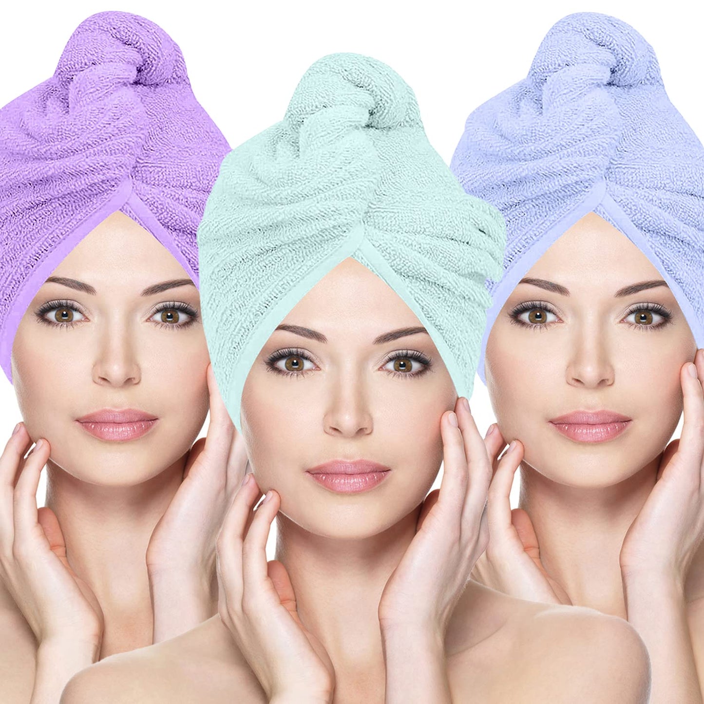 Glamza Microfibre Hair Towel Wrap Super Absorbing Twist Turban Hair Wrap with Buttons for Fast Drying Hair (3 PACK (LARGE) - PURPLE,GREEN,BLUE)