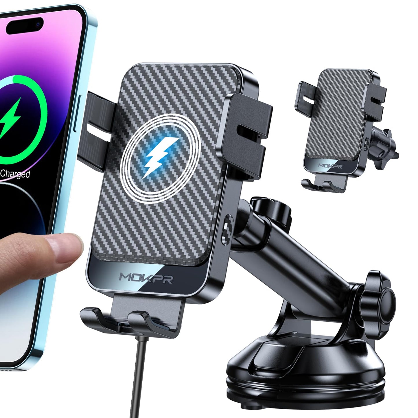 MOKPR Wireless Car Charger, 15W Fast Charging Auto Clamping Car Phone Holder Wireless Charger Suction Holder Dashboard Compatible for iPhone 16 15 14