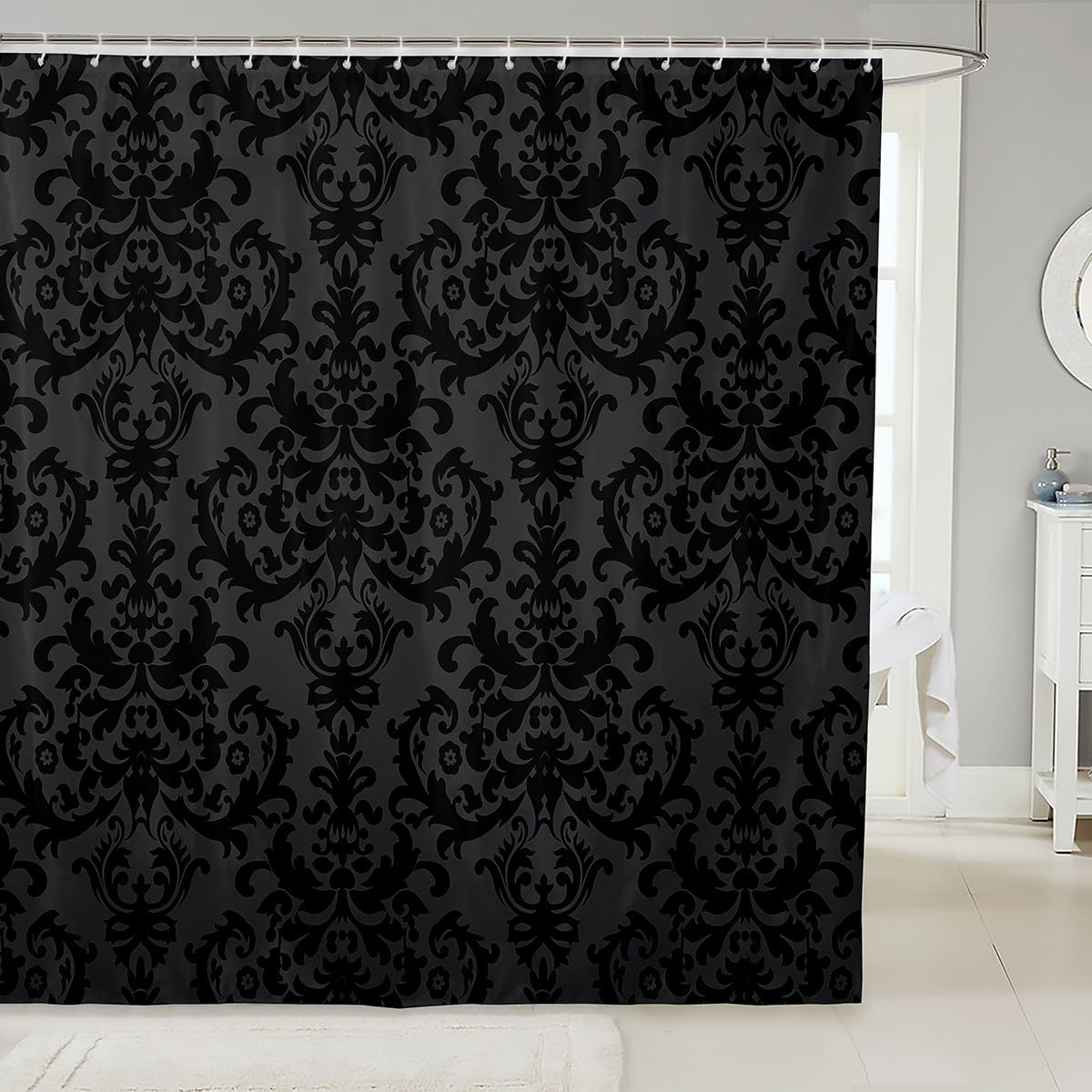 Erosebridal Adults Black Damask Shower Curtain - Antique Victorian Baroque Gothic 72" Wx72 L - Vintage Floral Bohemian Exotic Grey Bath Curtain With