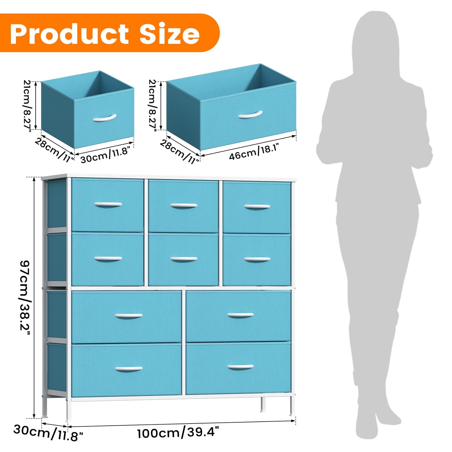 GoaHi Chest of Drawers, Large Dressers with Metal Frame and MDF Wooden Top Board, Adjustable Feet, Anti-Tip Safety