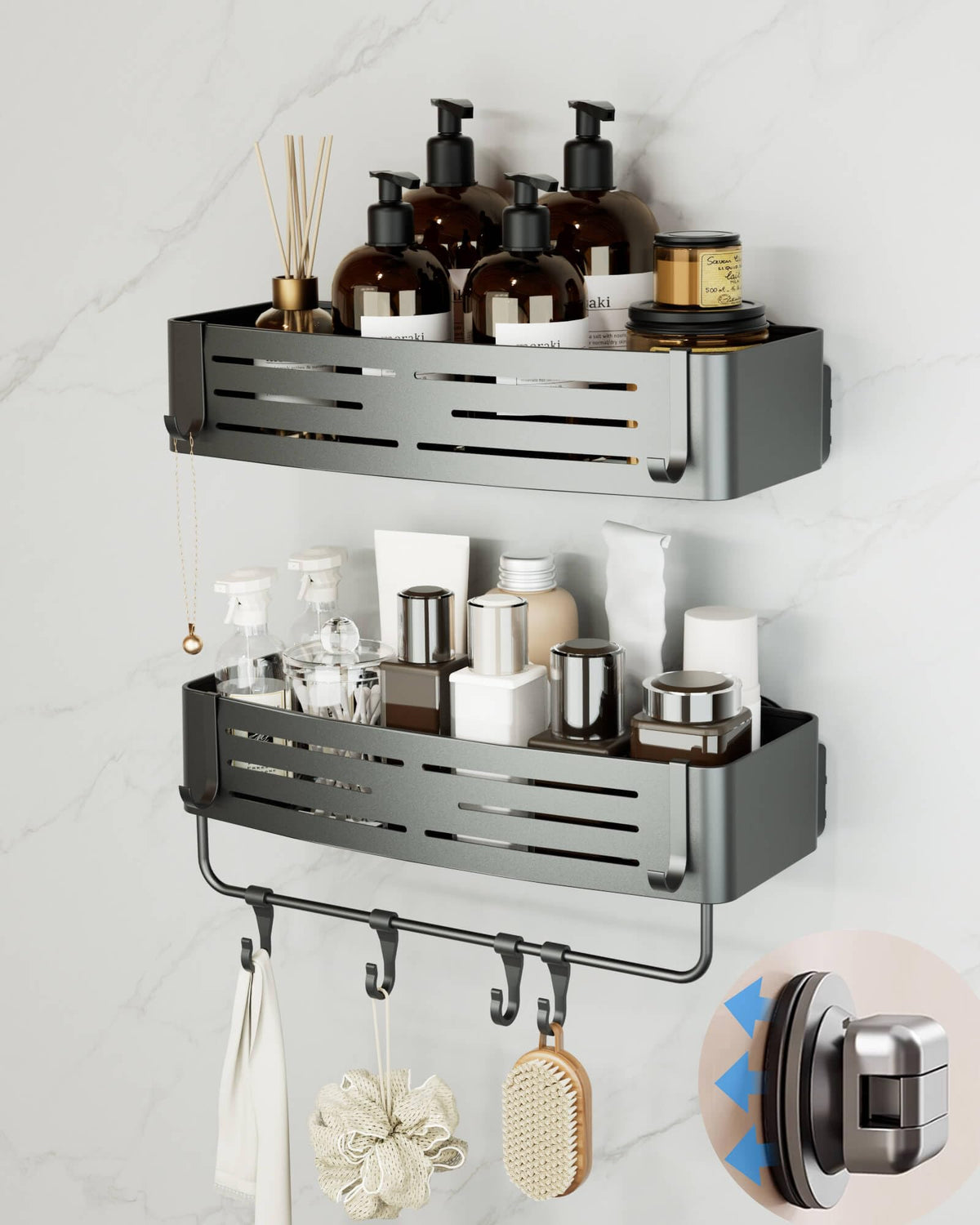Onemake 2-Pack Suction Cup Shower Caddies, No Drill Shower Shelf, Shower Organiser with 6 Portable Hooks, Corner Bathroom Caddy Waterproof Holder with