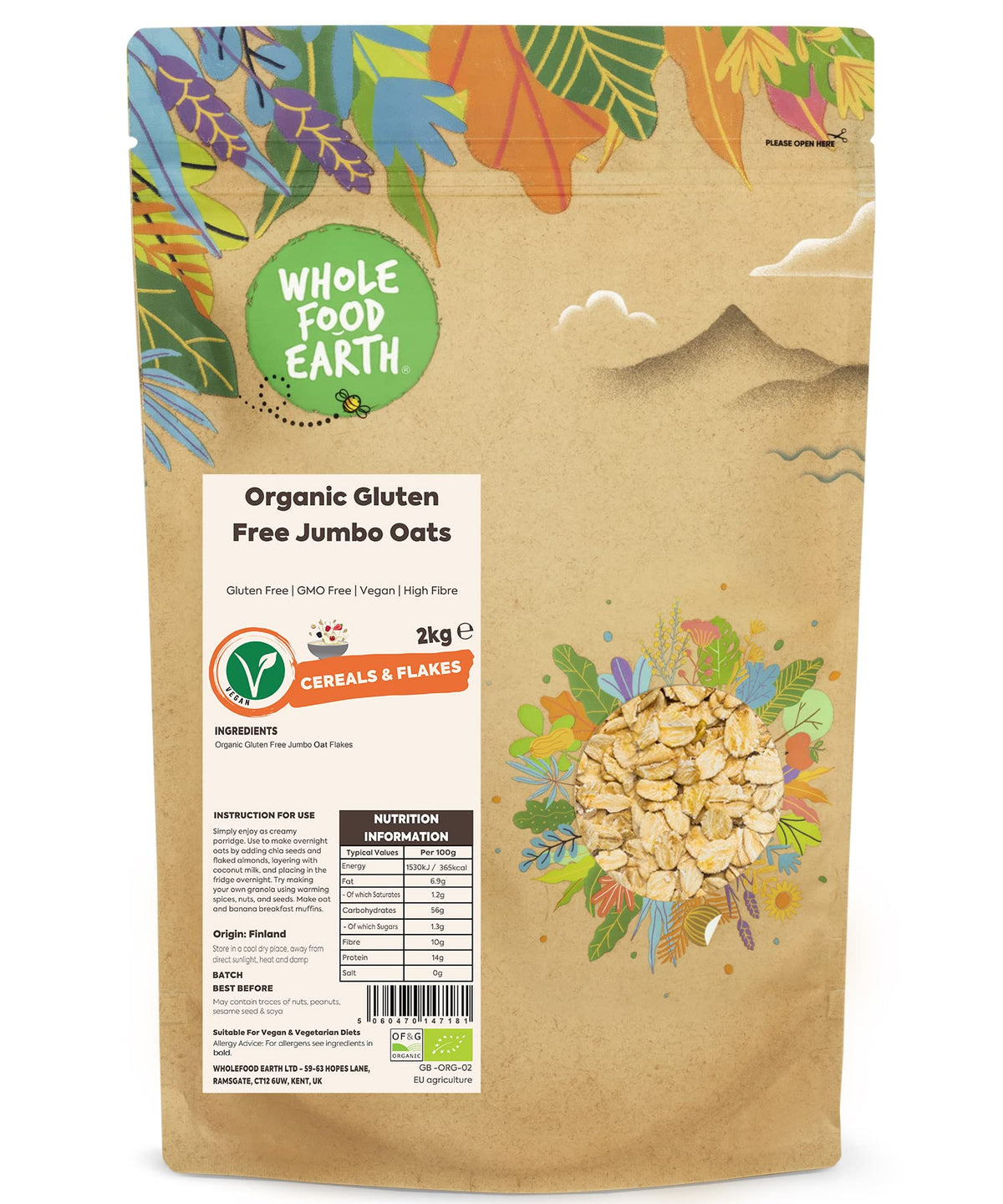 Wholefood Earth Organic Gluten Free Jumbo Oats ? 2 kg | GMO Free | Vegan | High Fibre | Certified Organic