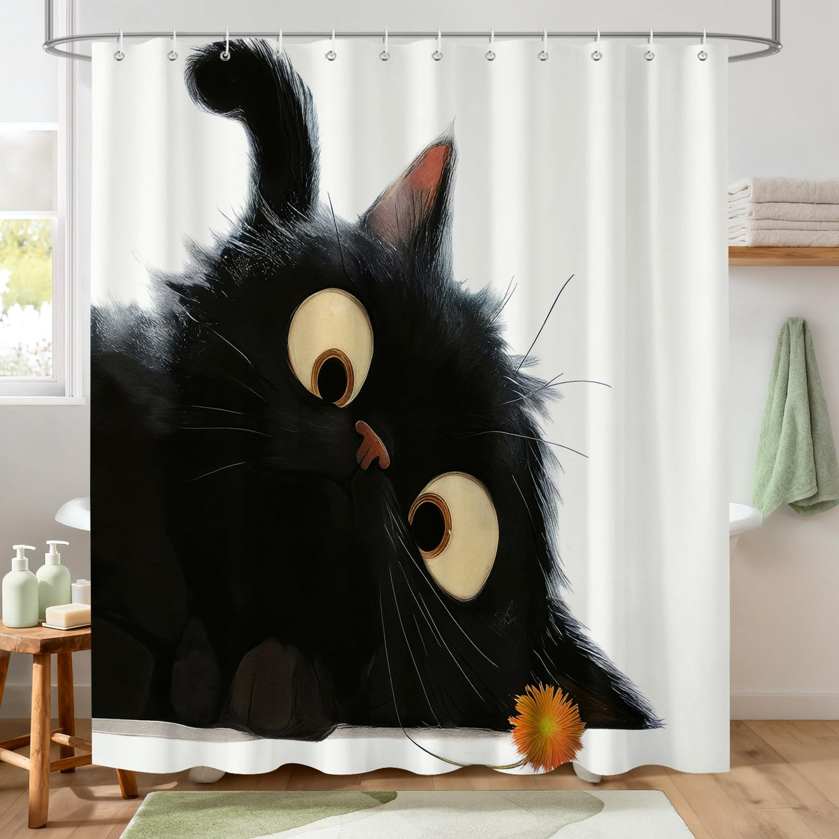 Hopomoon Black Cat Shower Curtain 180x180 cm,Waterproof Polyester Fabric Funny Animal Bathroom Curtain with 12 Hooks