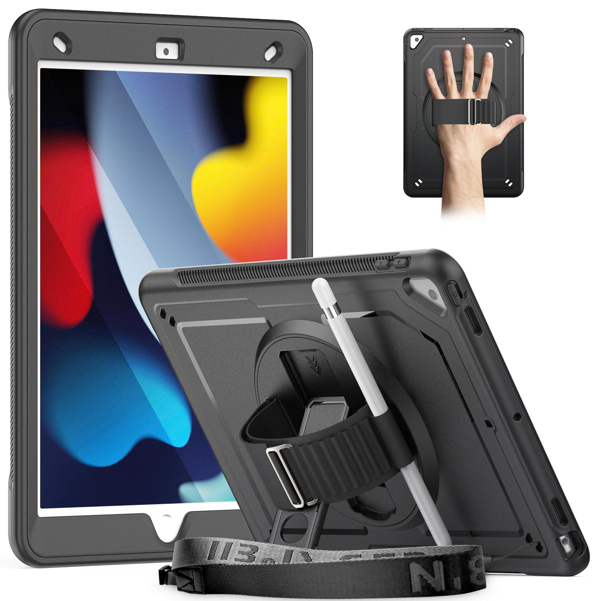Timecity for iPad 9th 8th 7th Generation 10.2 inch Case,Shockproof Case with Screen Protector, Stand/360 Rotating Hand Strap,Pencil Holder,Heavy Duty