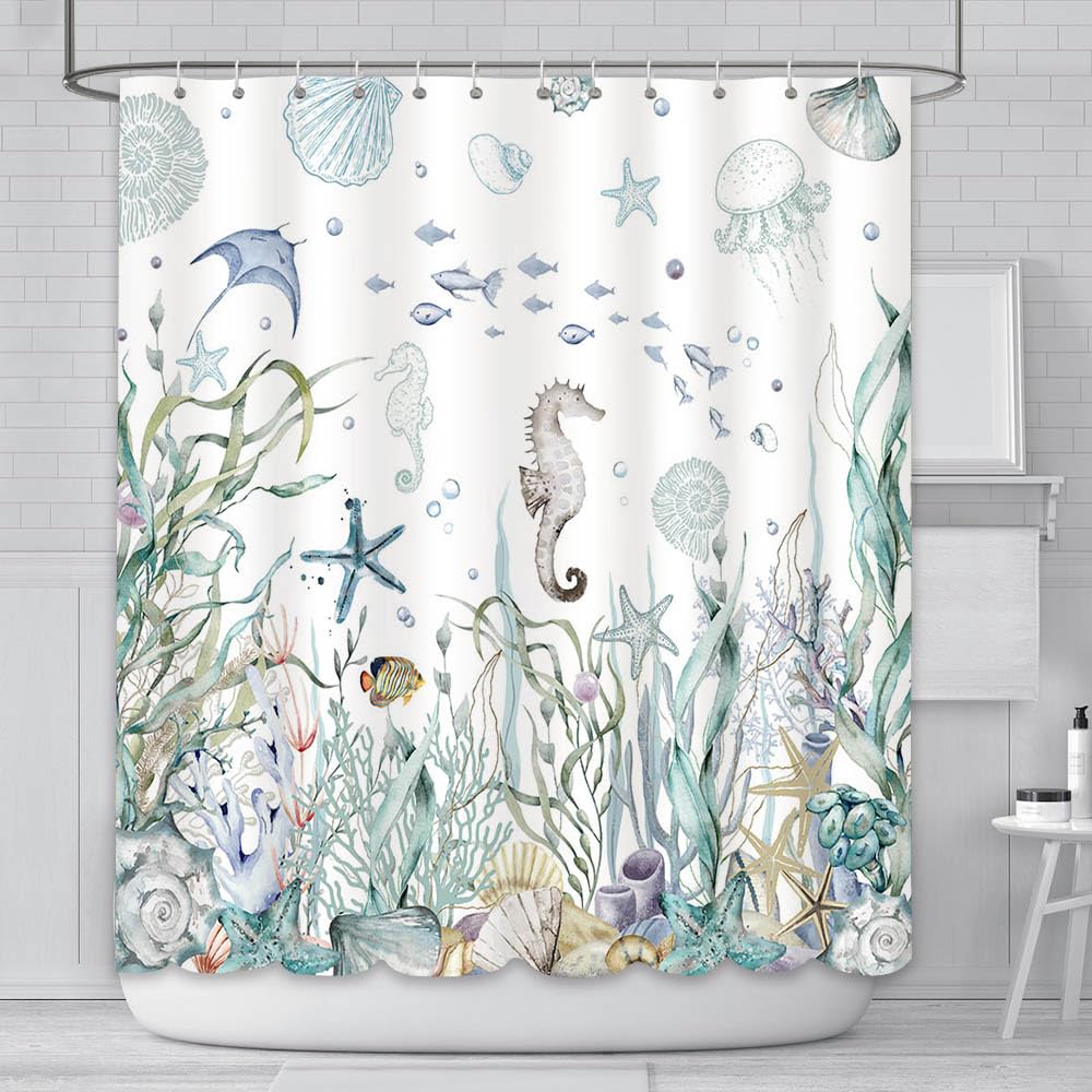 AIBIIN Ocean Shower Curtain Under The Sea Theme Starfish Seashells Decor pattern for Bathroom Waterproof Durable Polyester Material With 12 Hooks