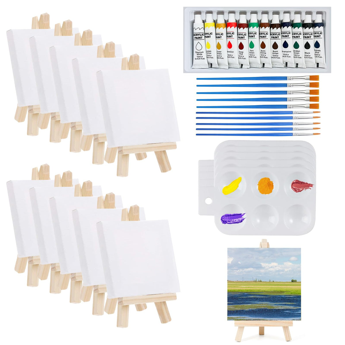 47Pcs Mini Canvas and Easel Set?Small Canvases for Painting,Mini Easel,with 12 Colors of Paint, Paint Brushes, Rectangular Palette for Drawing, Oil