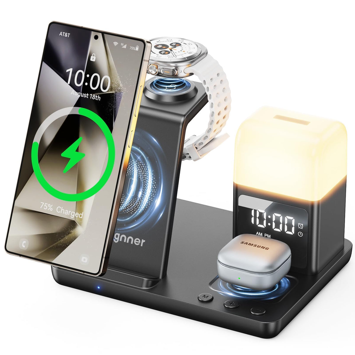 Augnner 6 in 1 Upgraded Wireless Charging Station for Samsung with Alarm Clock & 3-Color Light | 15W Fast Charger for Galaxy S25 S24 Ultra Fold6/5