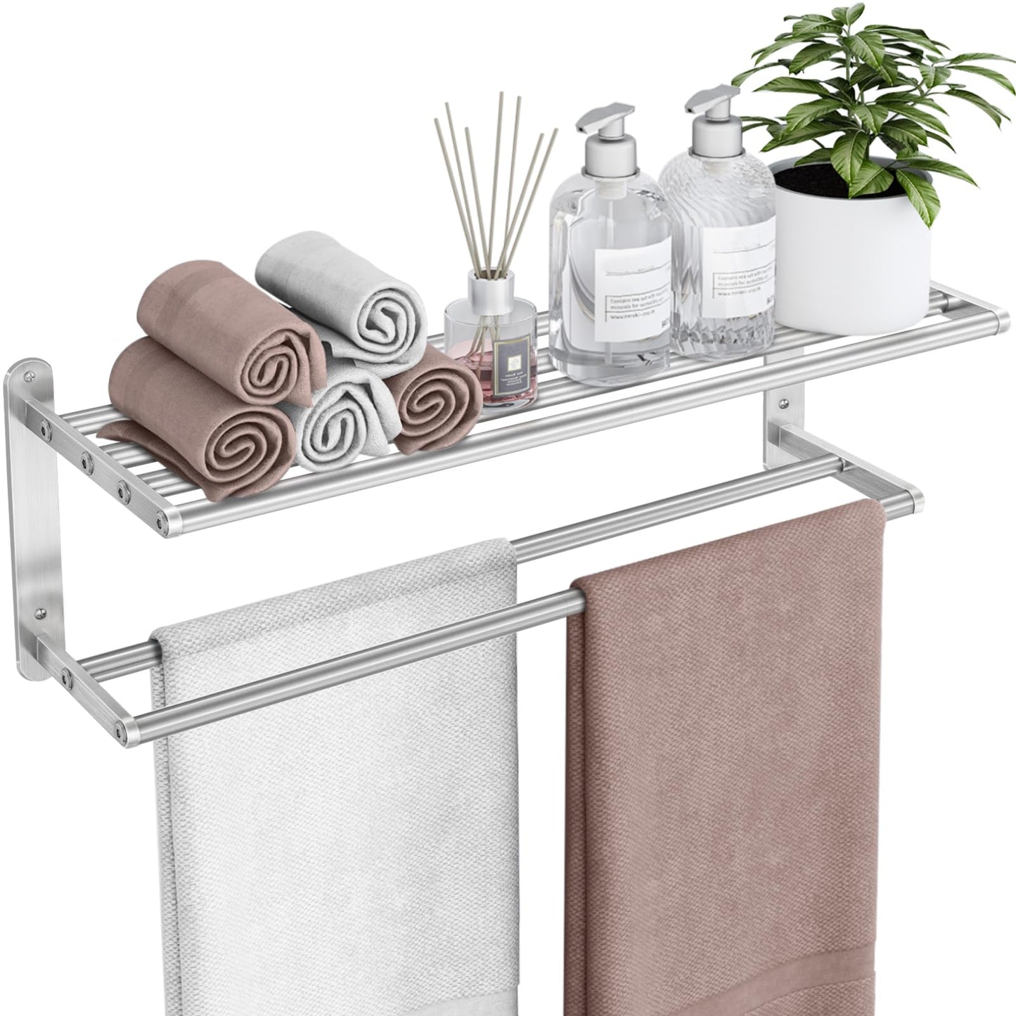 VOTZAAQ Towel Racks for Bathroom - 24 in Bath Towel Shelf with Double Towel Bar, Stainless Steel Towel Storage for Lavatory Wall Mounted, 2-Tier Towel