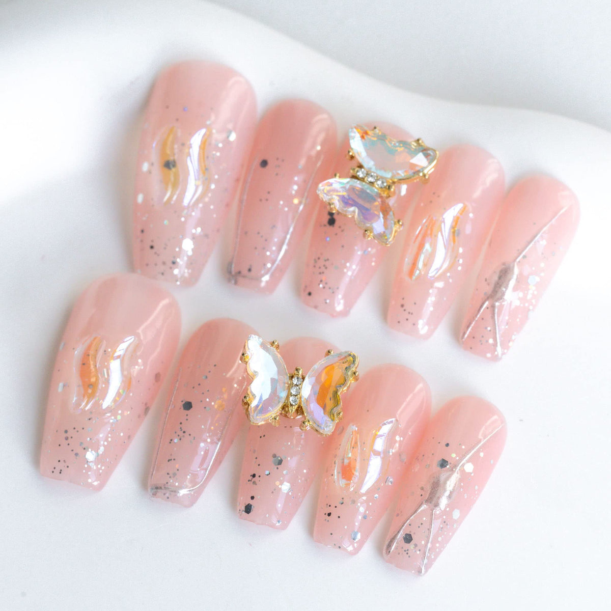Sun&Beam Nails Handmade Long Coffin Ballerina Pink False Nail Tips with Cute 3D Spinning Butterfly Popular Charm Design Press On Nails 10 Pcs (#45 L)