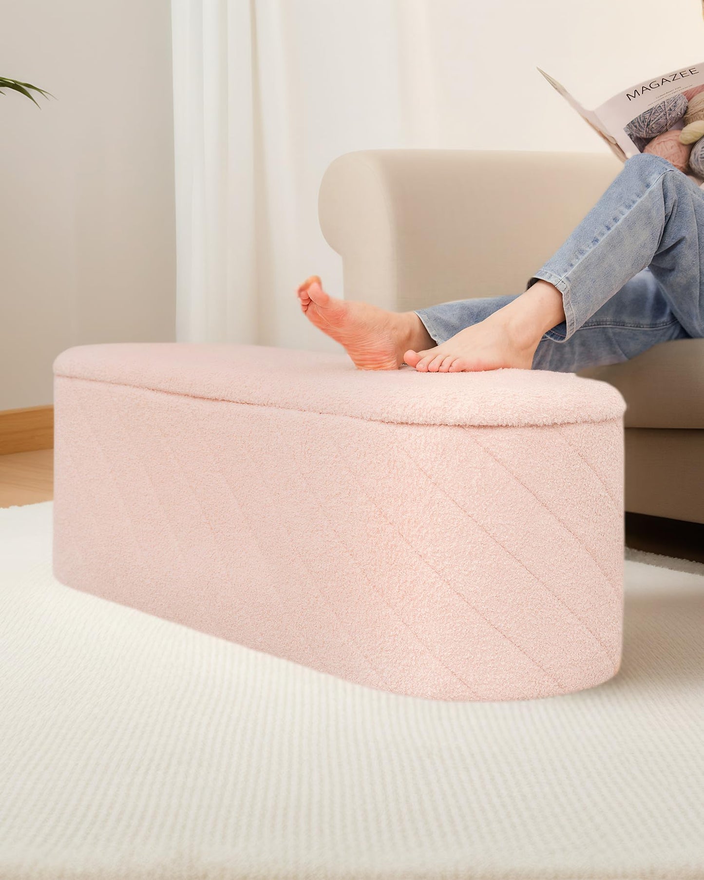 Bonlife Oval Ottoman with Storage Bench, Folding Foot Rest with Lid, Boucle End of Bed Bench,Foostool for Living