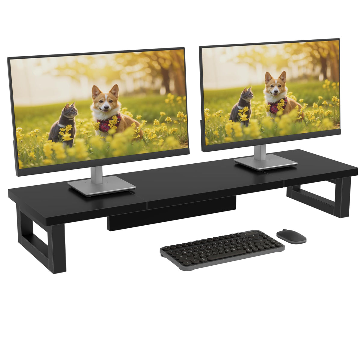 OYRREU Dual Monitor Stand, 91x26cm Desks Shelf, Double Monitor Riser for Laptop PC Computer Screen Monitor Stand Desktop Organiser for Working, Black