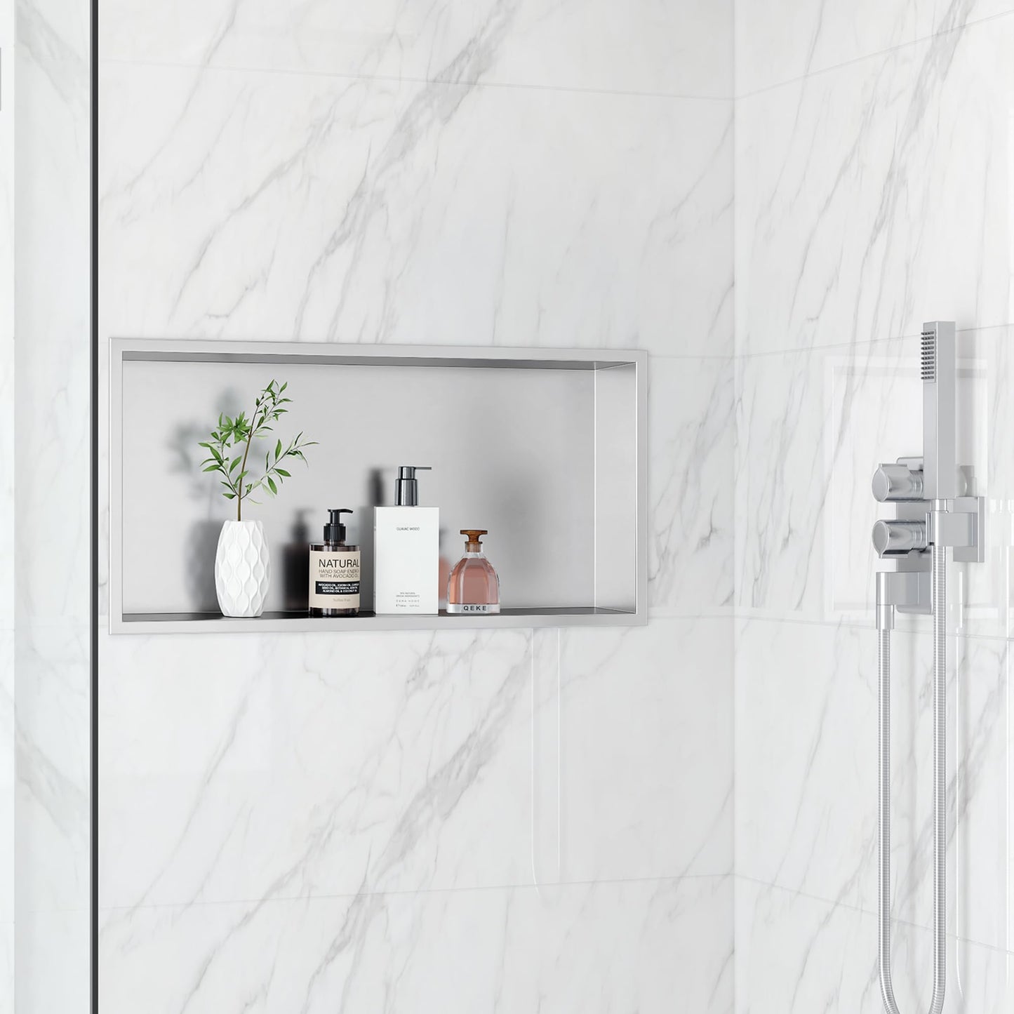 Qeke Embed Shower Niche of Stainless Steel, Recessed Wall Niche NO Tile Required, Waterproof Built-in Shower Caddy, Single Layer, 60x30x10 CM, Brushed