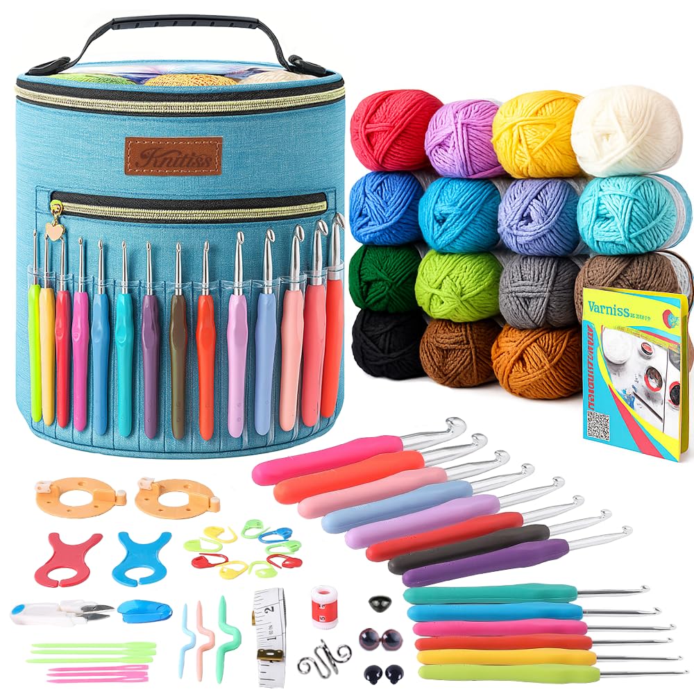 Knitiss Crochet Kits for Beginners Adults, Crochet Starter Kit with Ergonomic Crochet Hooks Set 2-10mm, 16 Colour Crochet Yarns, Travel Crochet Kit