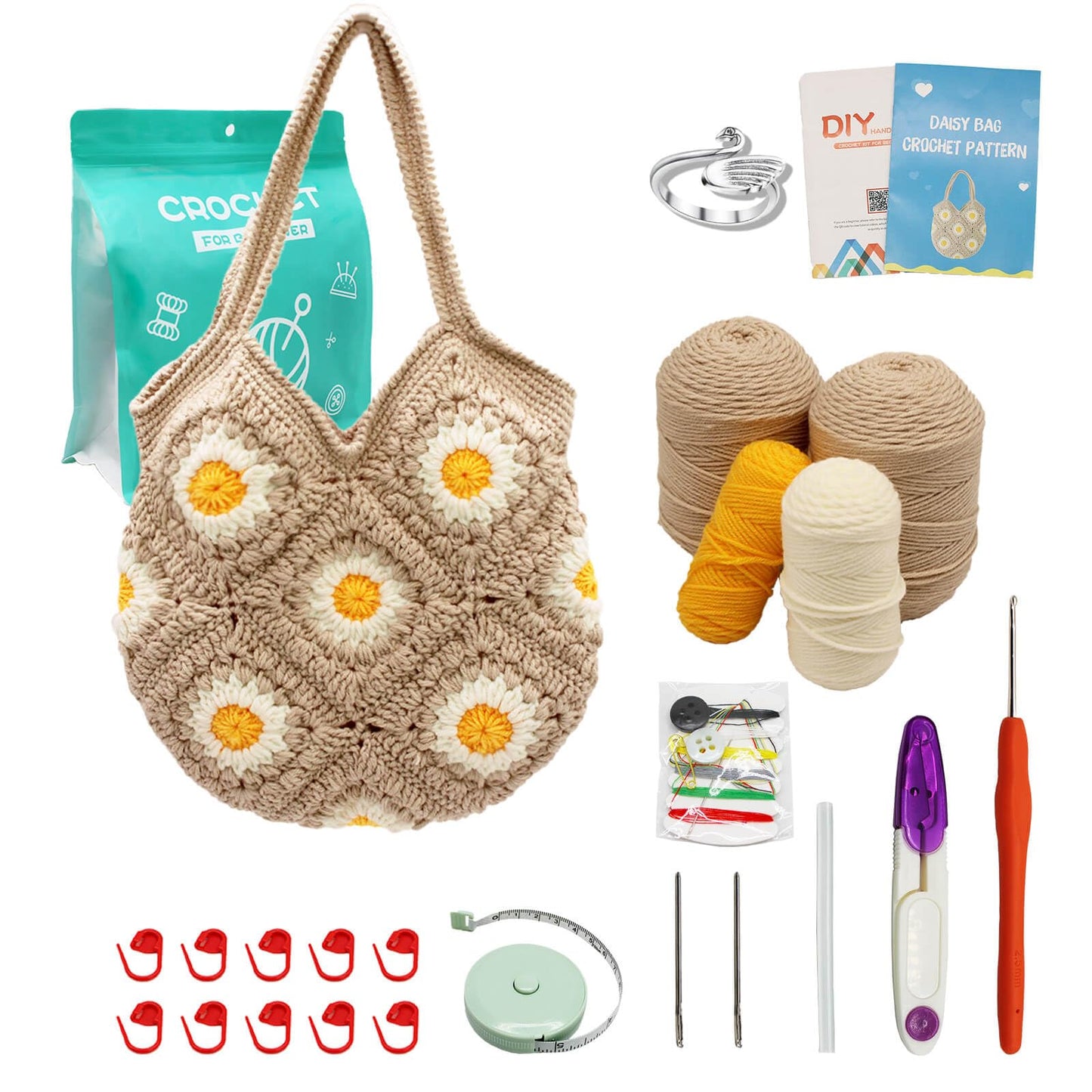 Uongeod Granny Square Crochet Kit for Beginners Daisy Crochet Bag Kit Tote Bag DIY Knitting Kits of Daisy Tote Bag with Step-by-Step Video Tutorials