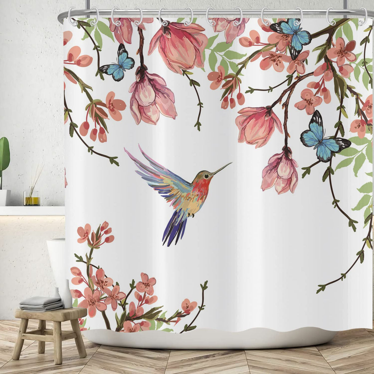 ASDCXZ Flower Shower Curtain 180x200 cm, Spring Rose Flowers Green Leaves Blue Butterfly Colorful Bird Washable Shower Curtains Polyester Textile