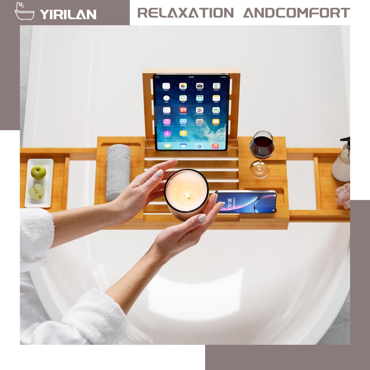 Yirilan Premium Bathtub Tray Caddy, Expandable Bath Tray