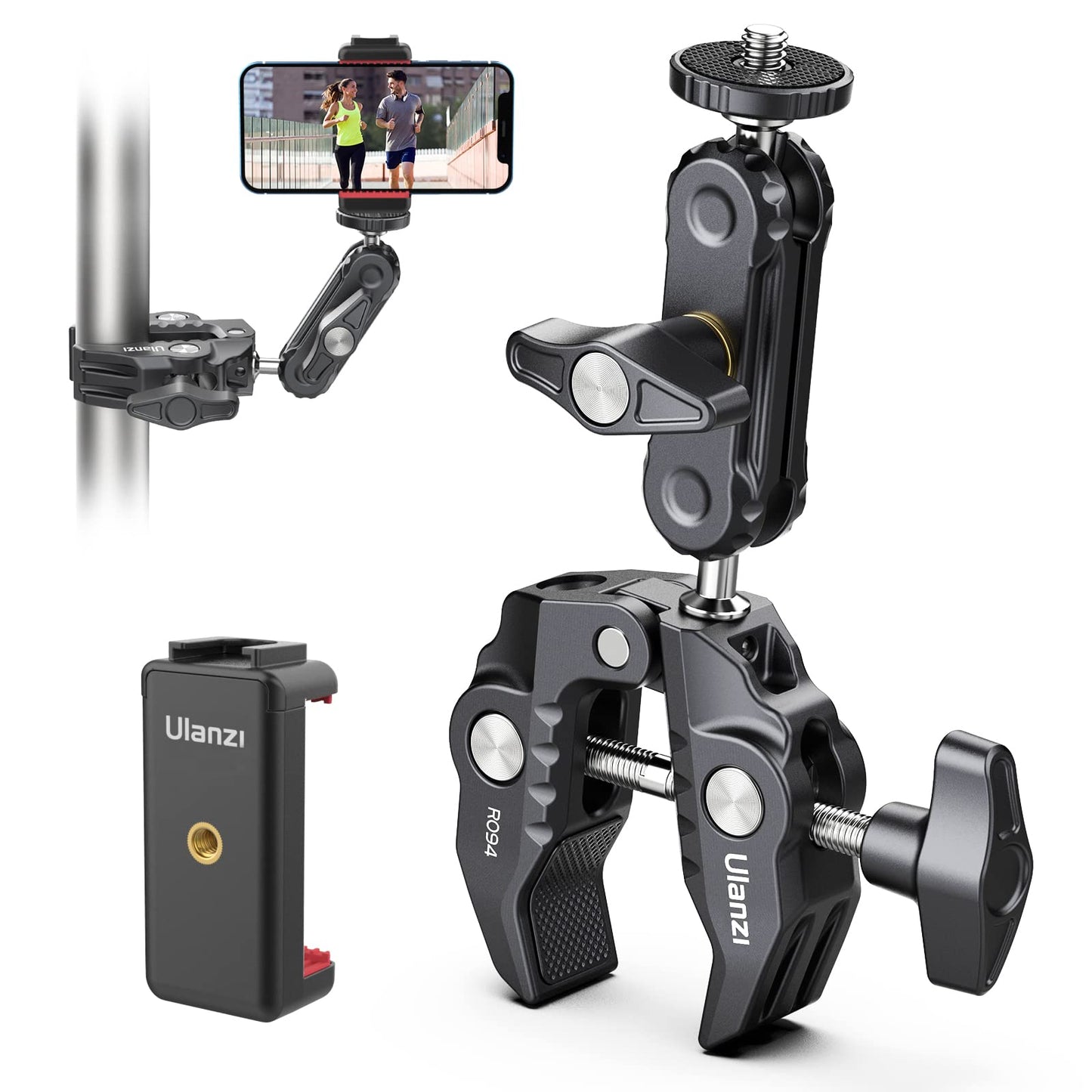 Ulanzi Super Clamp Camera Clamp Mount with Phone Holder and 360? Ballhead Magic Arm Adapter with 1/4" & 3/8" Thread
