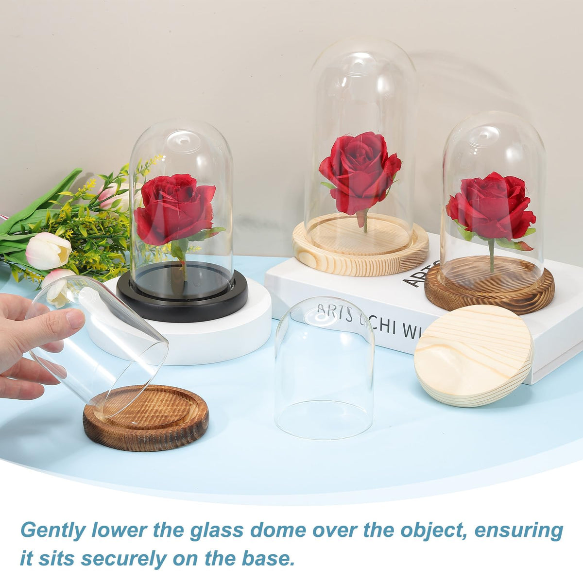 sourcing map Glass Cloche Display Dome, 7.4" x 3.9" Glass Dome Display Case Wood Base Tabletop Jar Case Decorative Bell Jar for Plant Home Decor