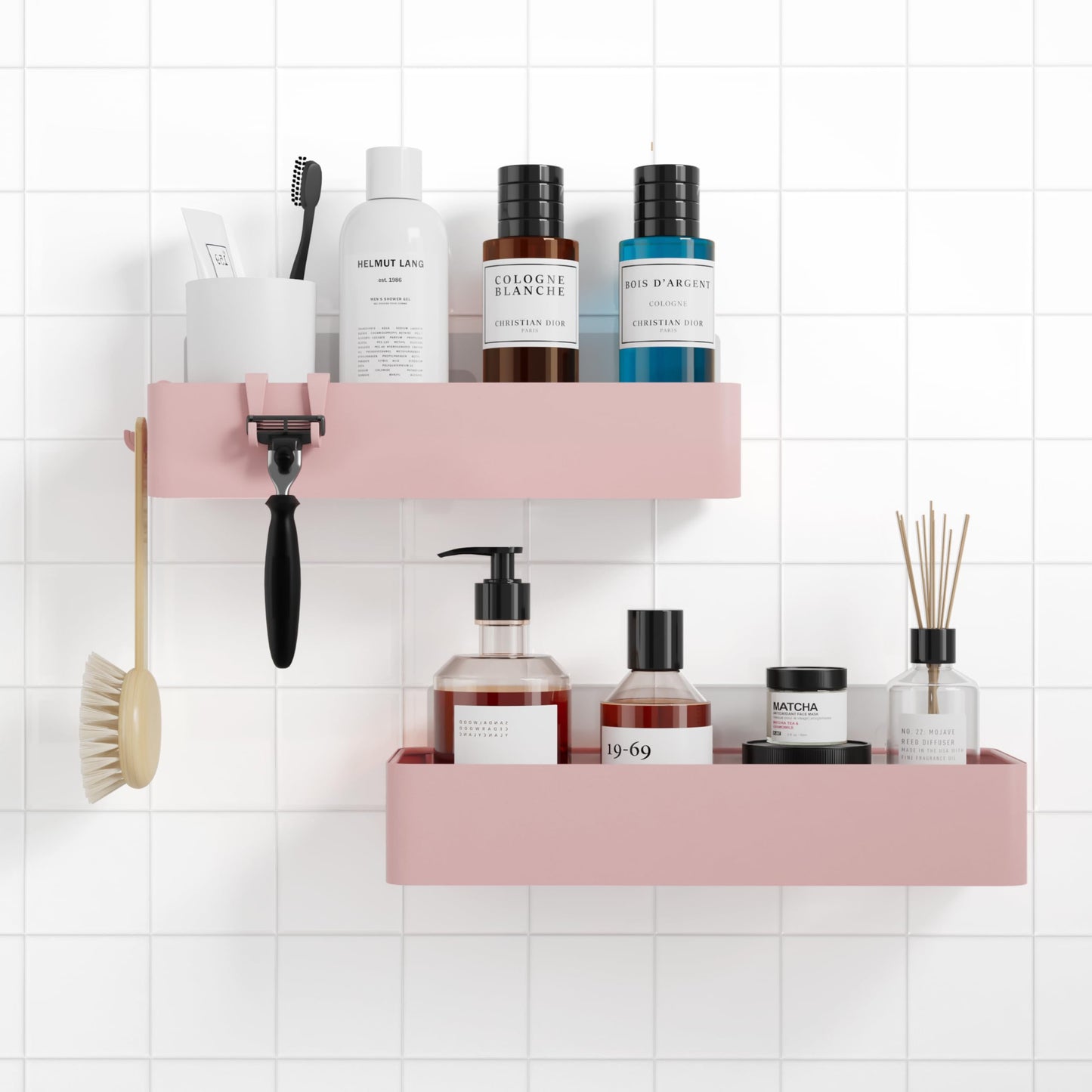 Kitsure 2 Pack Rustproof Shower Caddy - 2 Shelves, Drill-Free & Quick-Dry Shower Organizer, Rustproof Bathroom Shelves with 4 Hooks, Large, Pink