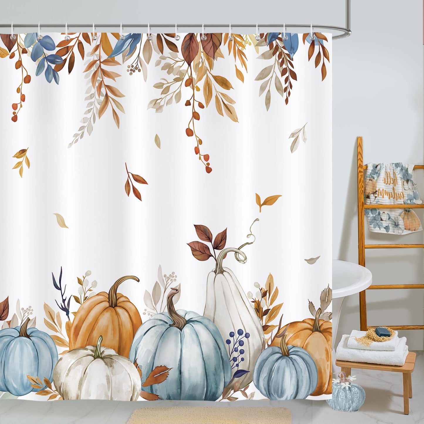 Bonhause Fall Pumpkin Shower Curtain, Autumn Leaves Blue Orange Thanksgiving Bathroom Curtain 180 x 180 cm Waterproof Mildew and Mould Resistant