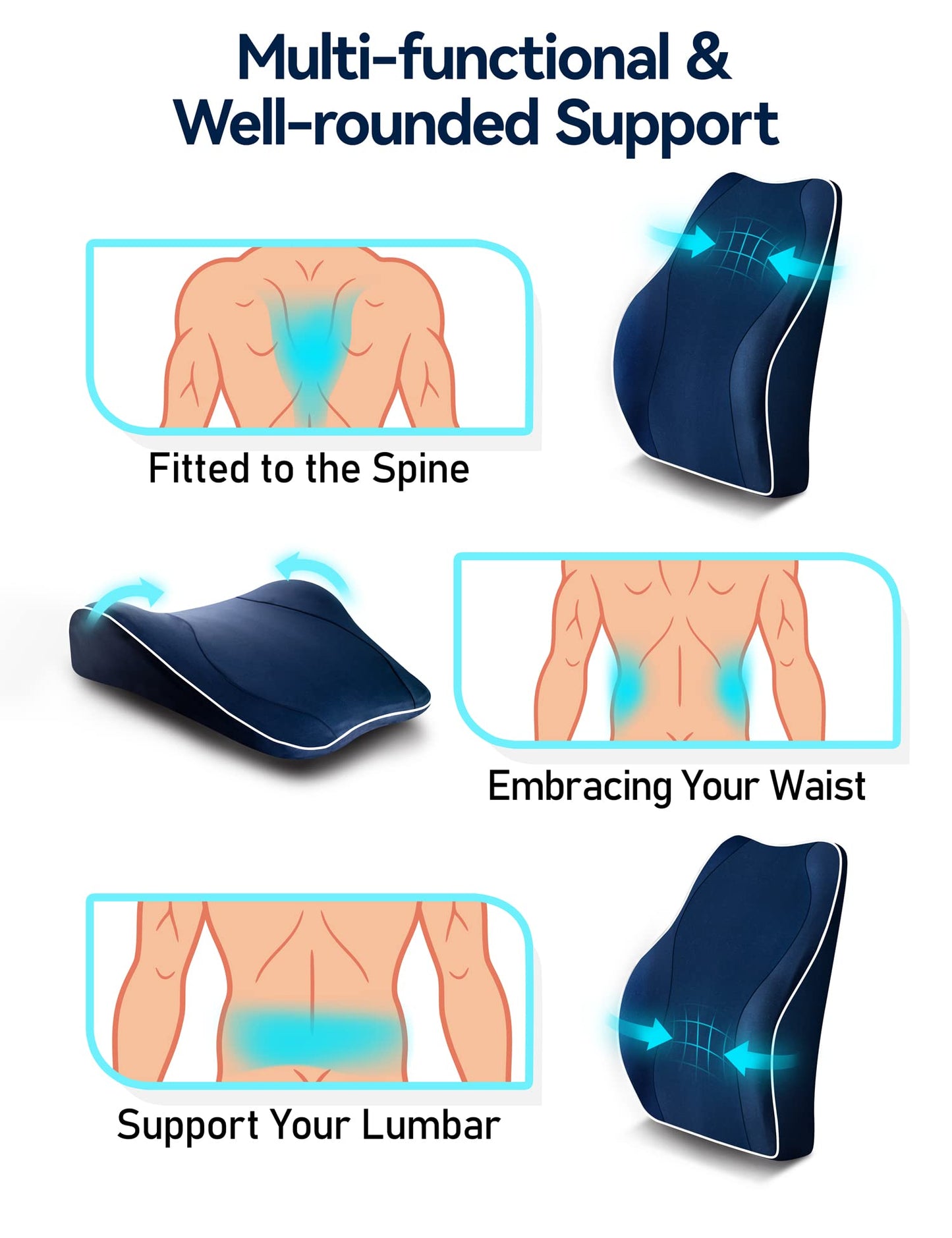 Travel Ease Ergonomic Lumbar Support Cushion, Memory Foam Back Support Cushion for Office Chairs with Skin-friendly Cover for Comfort (DarkBlue)