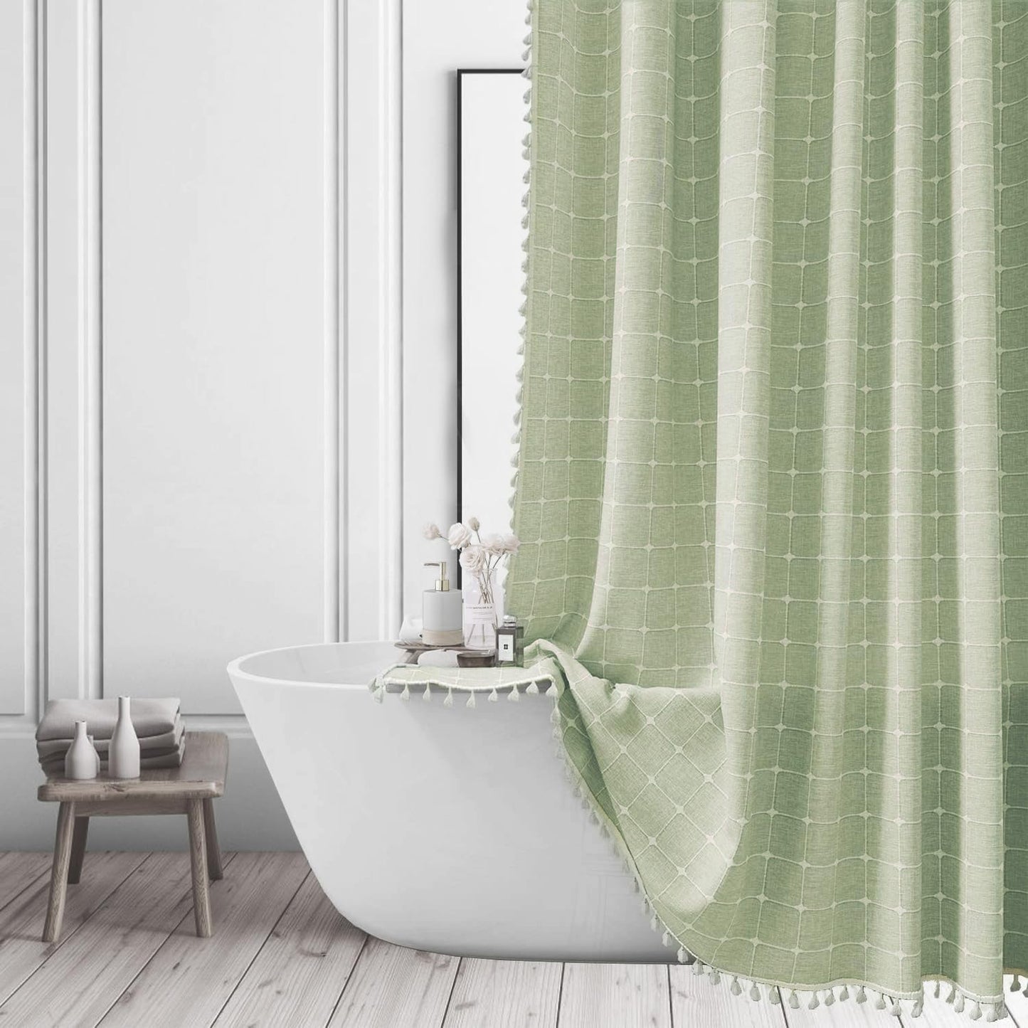 ggaimwf Sage Green Shower Curtain Farmhouse Bohemian Modern Linen Fabric Shower Curtains for Bathroom Vintage Country Heavy Duty Bathroom Curtain Set