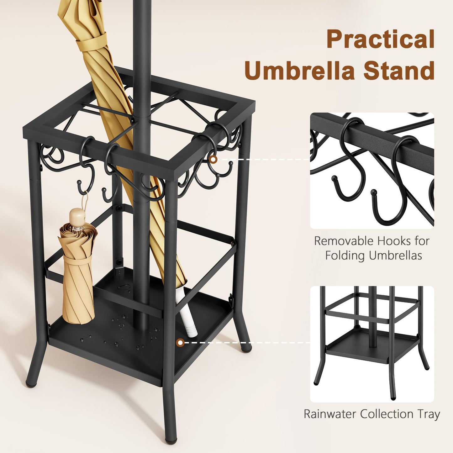 Hoctieon Coat Rack Freestanding, Coat Tree with Umbrella Holder, Metal Coat Rack Stand with 12 Hooks, Standing Coat Hanger Stand