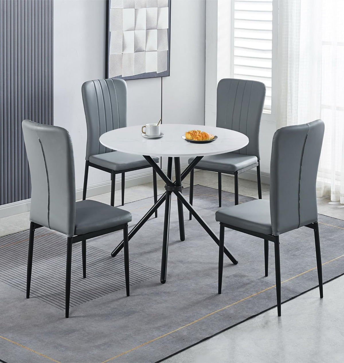 Hallowood Furniture Cullompton Small Dining Table and Chairs Set 2, White Marble Effect Round Table and 2 Faux Leather Chairs in Grey High Back,