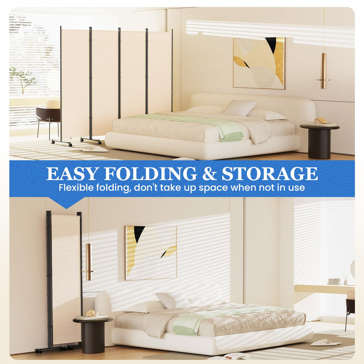 6 Panel Room Divider 183CM Folding Privacy Screens with Lockable Wheels