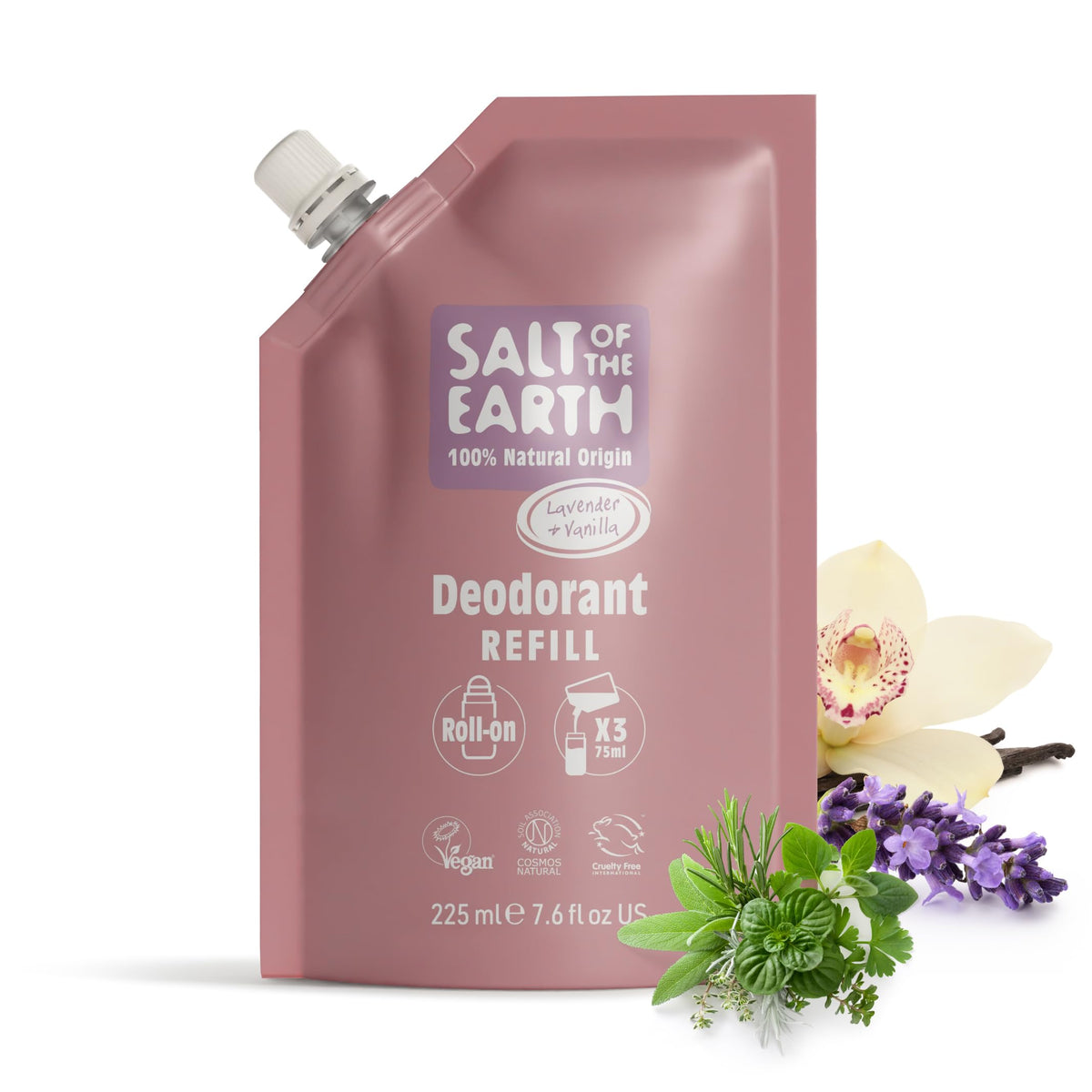 Salt of the Earth - Natural Deodorant Roll On Refill Pouch, x3 Uses - Lavender & Vanilla - Vegan, Long Lasting Protection, Leaping Bunny Approved,