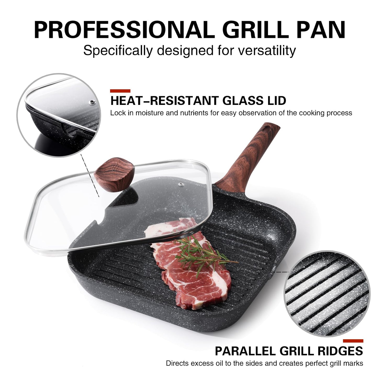 Kordisen Nonstick Grilling Pan with Lid for Stove Tops, 11 Inch Square Grill Pan for Indoor Cooking, Granite Coating Grill Skillet with Pour Spouts,