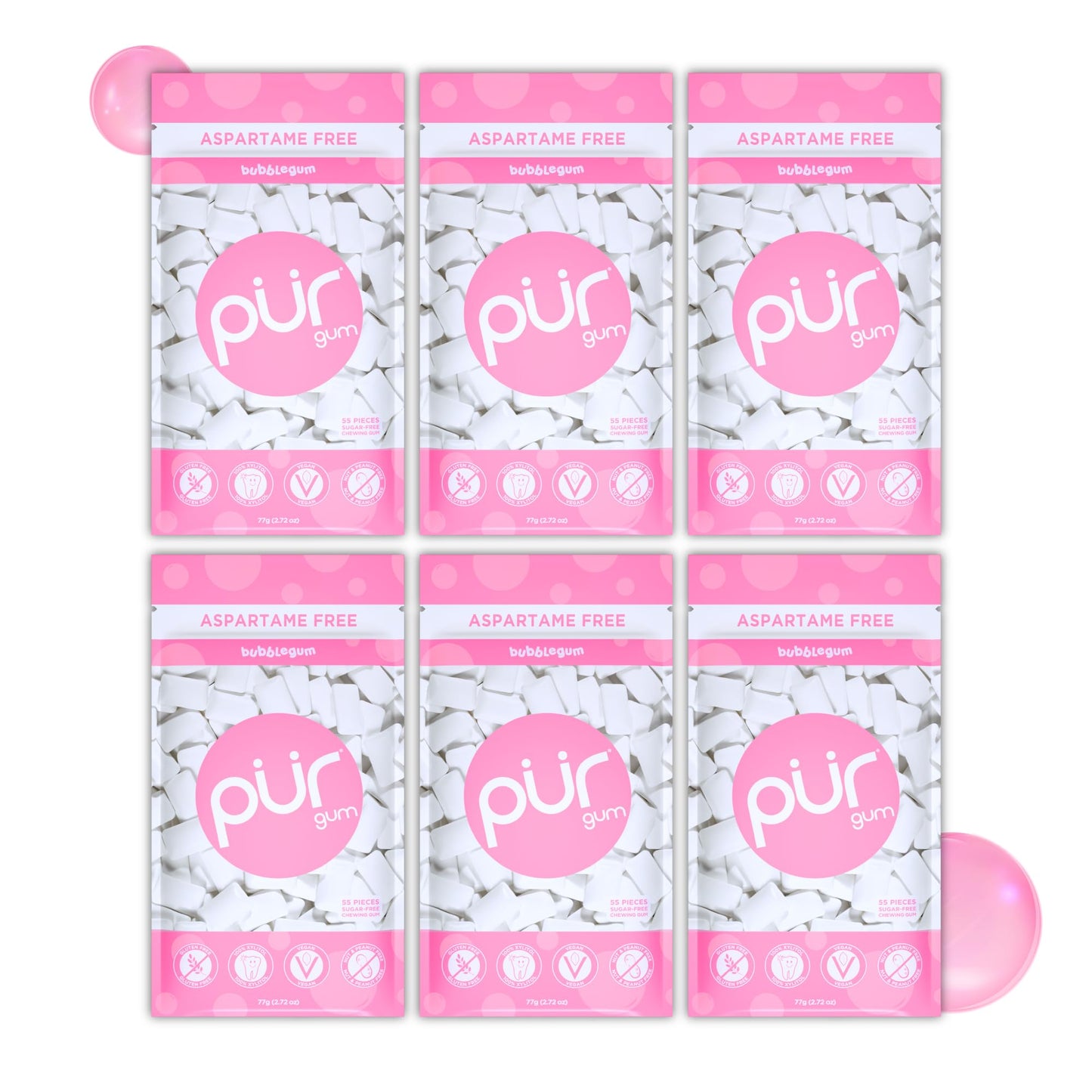 PUR Gum | Sugar Free Chewing Gum | Made with Xylitol | Vegan, Aspartame Free, Gluten Free and Keto Friendly | Natural Bubblegum Flavoured Gum, 55