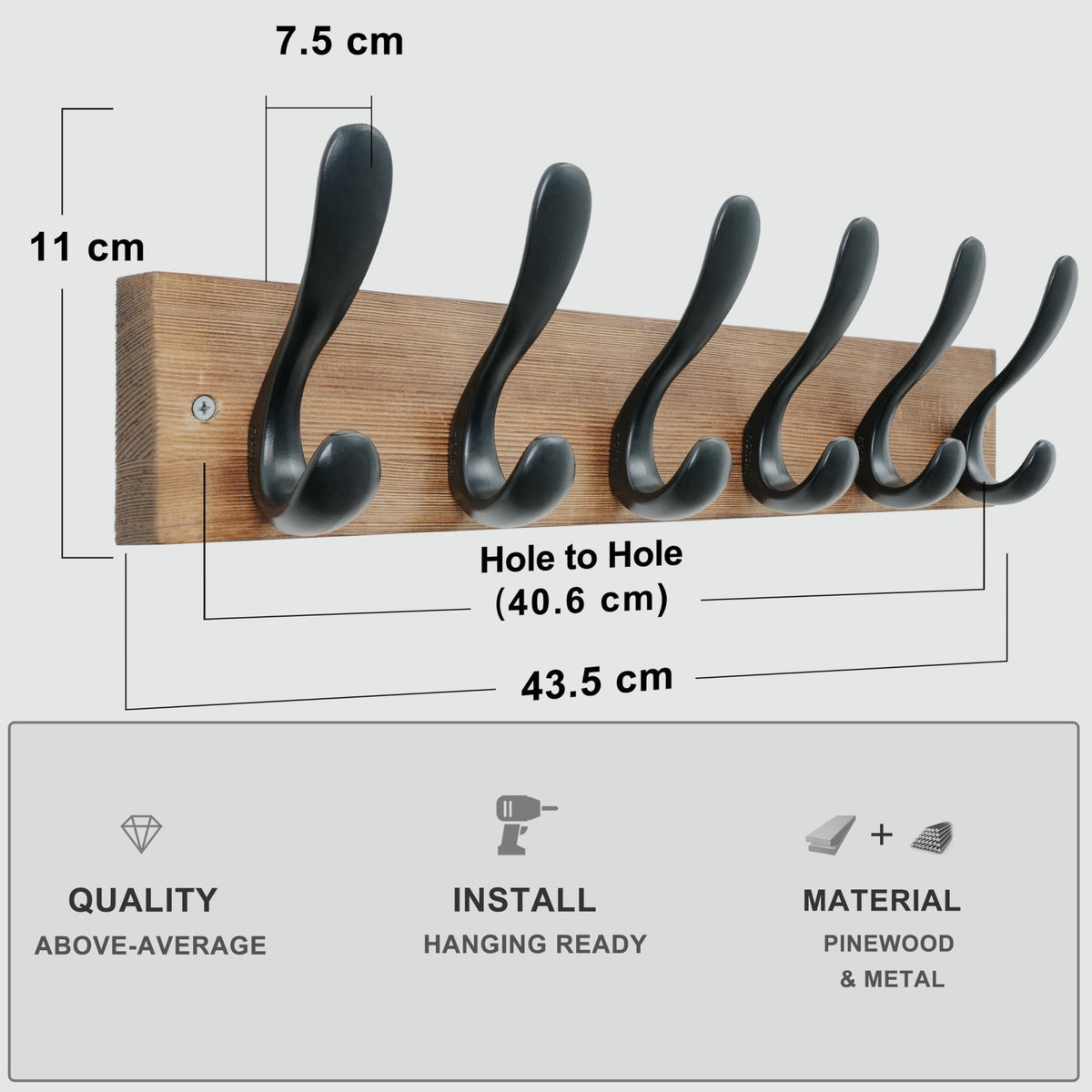 HONSKY Heavy Duty Wall Mounted Coat Rack, 43cm Wooden Coat Hanger with 6 Double Metal Hooks, Sturdy Wall Hanger for Hallway, Entryway, Bedroom