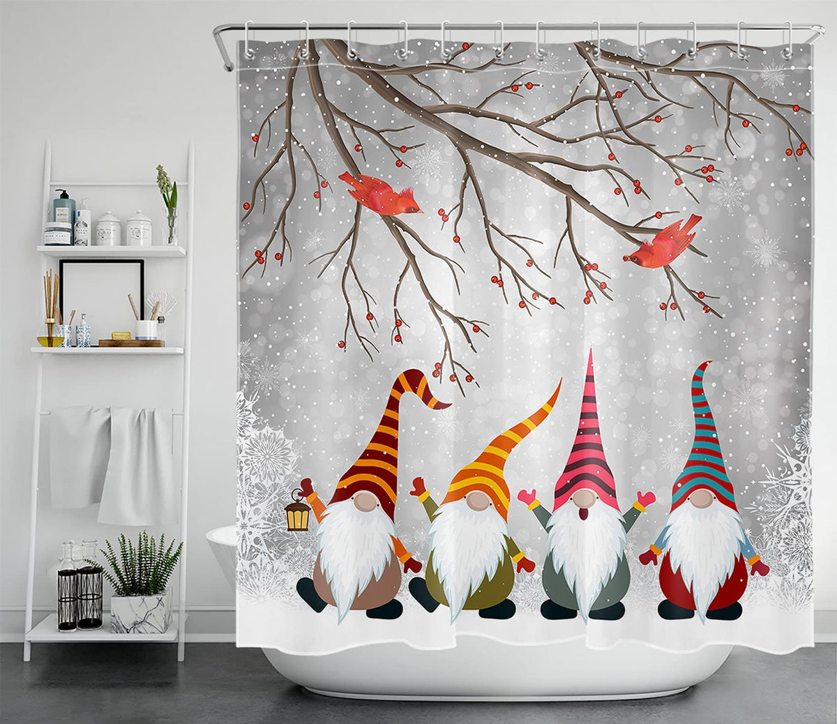 GOOESING Winter Christmas Shower Curtain Funny Gnome and Cardinals in Snowy Forest Bathroom Shower Curtain,Snow Scene Polyester Waterproof Polyester