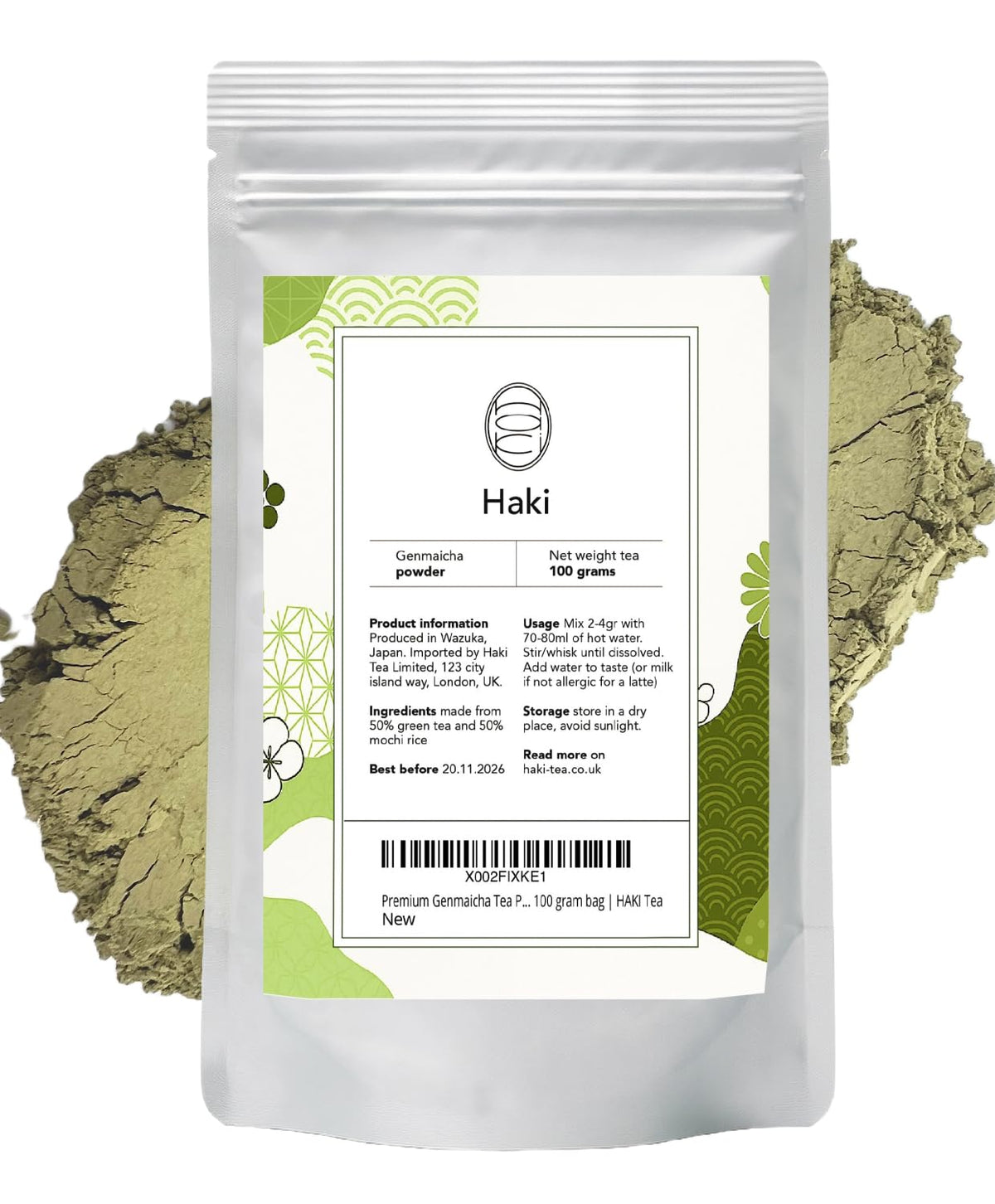 HAKI TEA | Premium Genmaicha Tea Powder | Authentic Japanese Green Tea with Roasted Mochi Rice | 100 gram bag