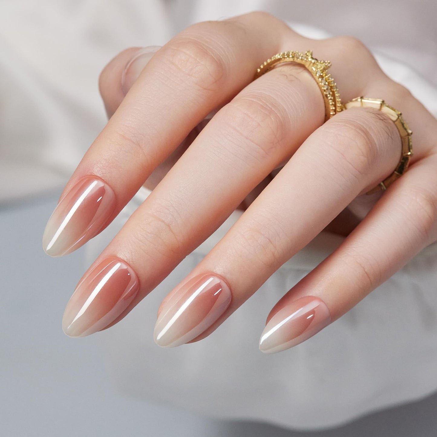 Short Press On False Nails Almond - Findigit Glossy Nude White Ombre Soft Gel Nails, Natural Reusable Stick On Nails with Glue On in 16 Sizes - 32