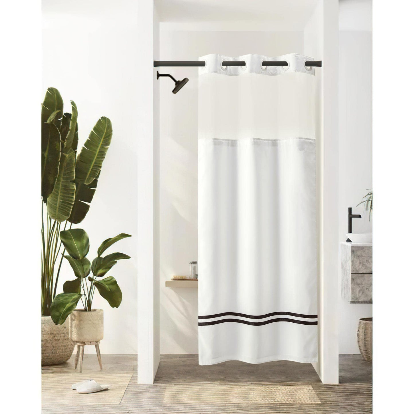 River Dream Stall Shower Curtain with Snap in Liner,No Hooks Needed Shower Curtain for Bathroom,Hotel Grade,Machine Washable,36" W?74" H,White,with
