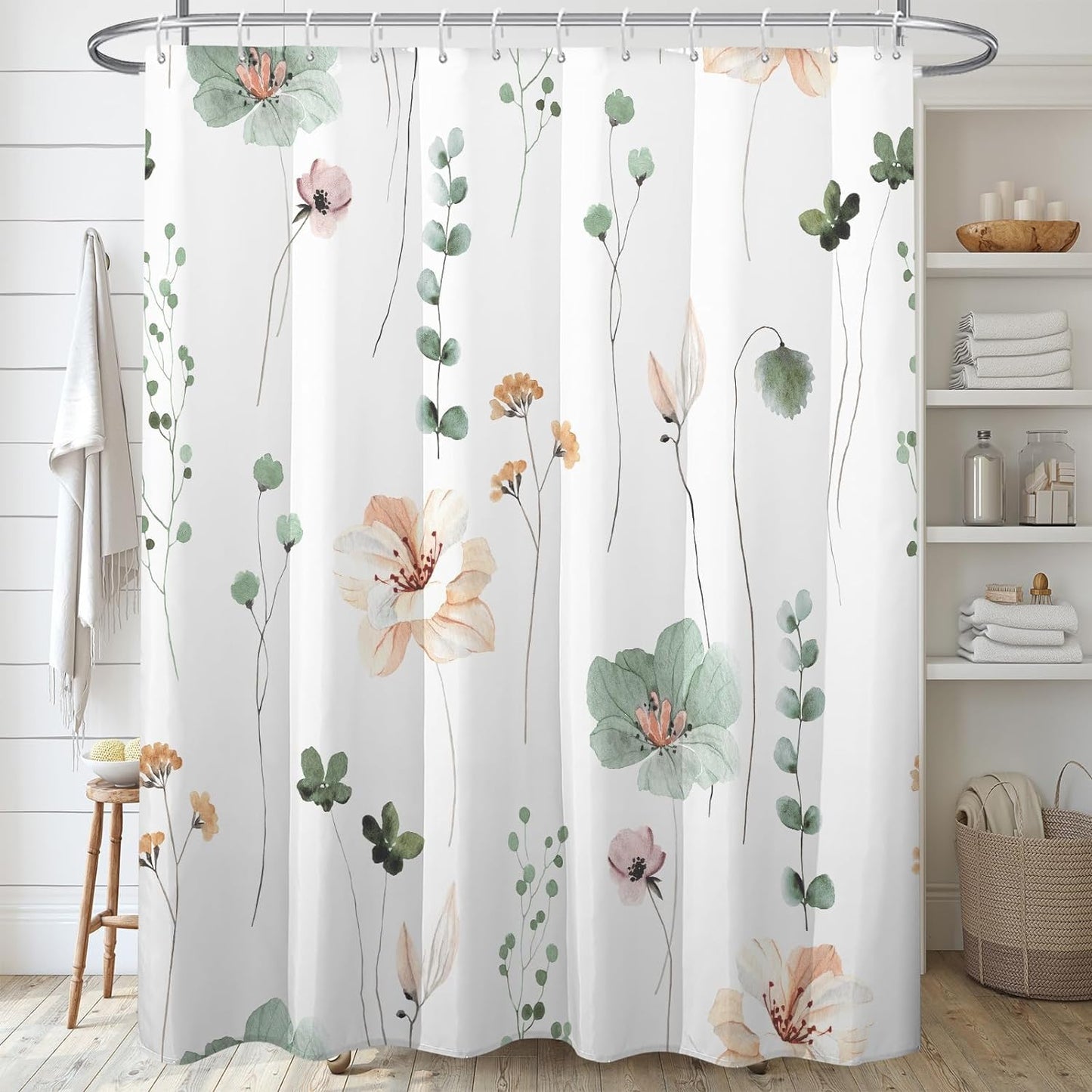 xinbai Floral Shower Curtain with pink flowers & green plant, Washable 3D printing botanical bath curtains with retro flower picture, Includes 12