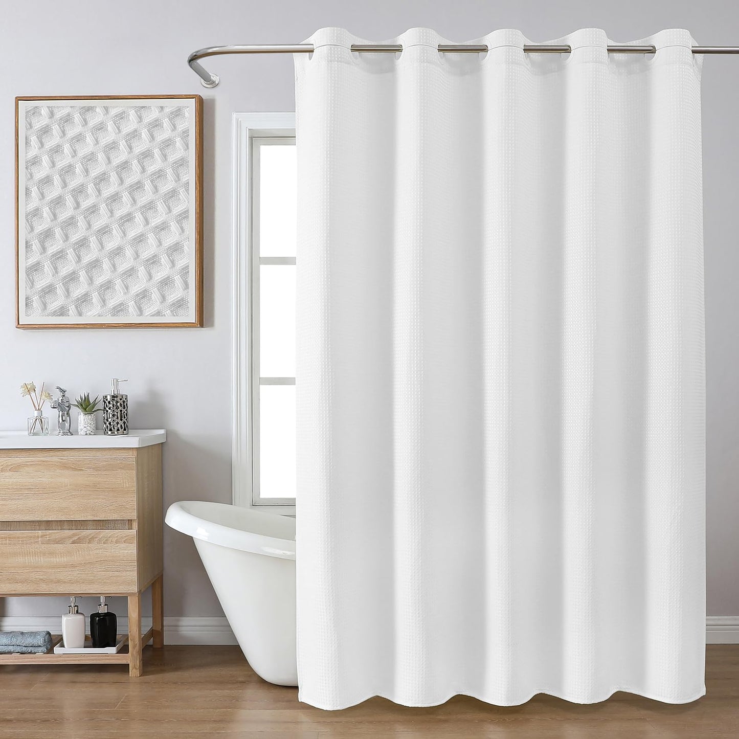 FY&XZH No Hook Waffle Shower Curtain with Laminated Waterproof Backing,Hotel Style Bath Curtain with Built-in Grommets, Machine Washable Thickened