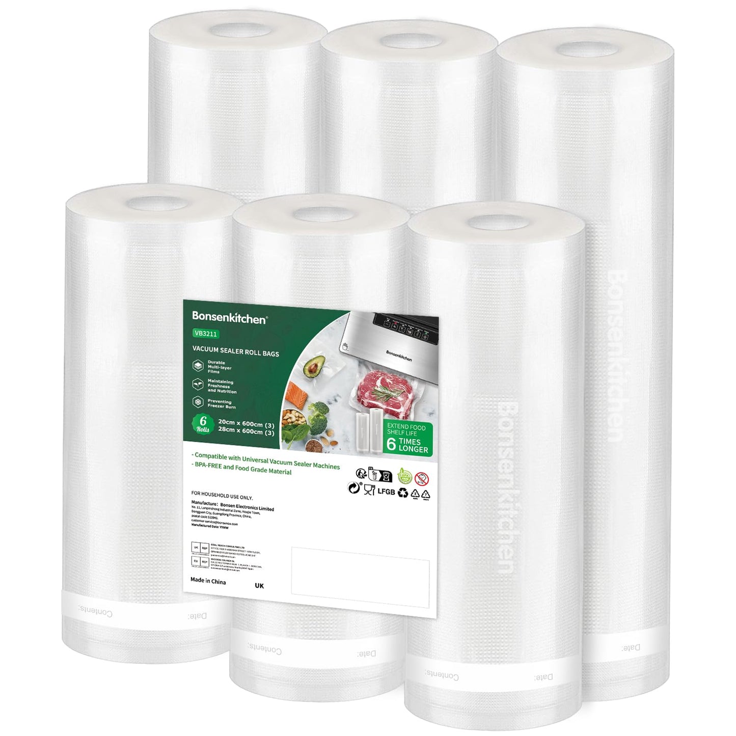 Bonsenkitchen 6 Packs Vacuum Sealer Rolls Bags, 3 Rolls 28 x 600cm + 3 Rolls 20 x 600cm Storage Bags, Durable Commercial Customized Size Food Bags for