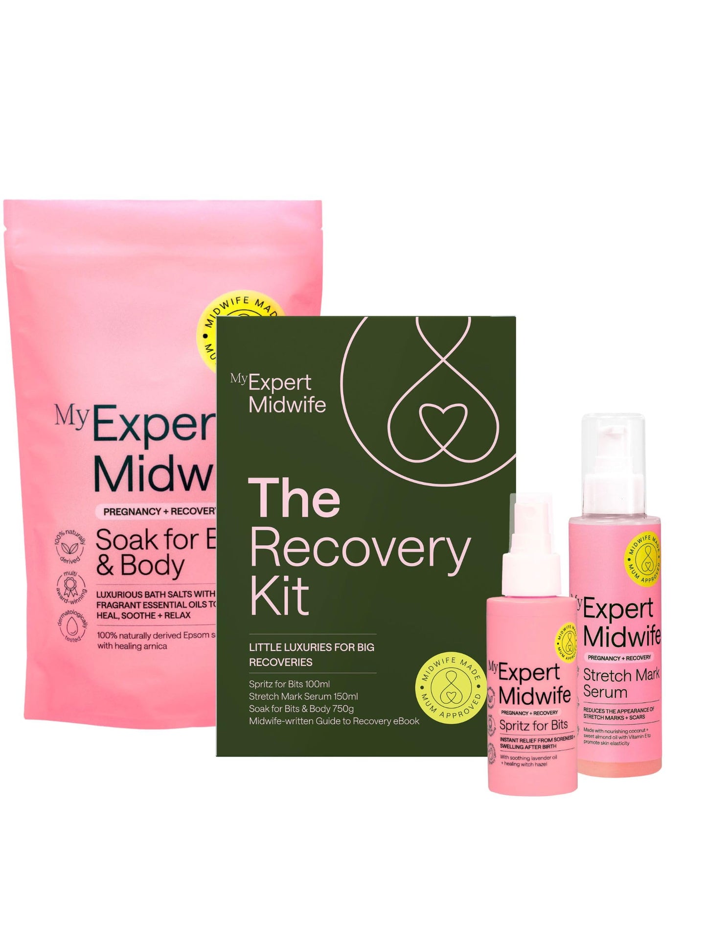 My Expert Midwife, The Recovery Kit, Expert-made Pregnancy & Postpartum Essentials, Includes Full Size Sprits for Bits 100ml, Stretch Mark Serum