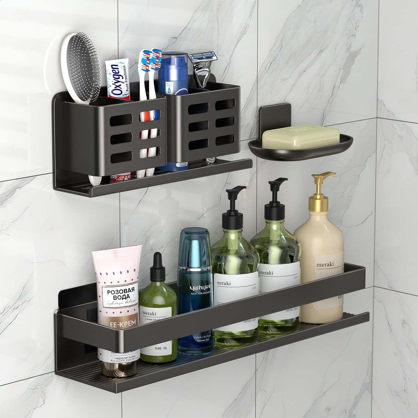 YESENT Aluminum Alloy Shower Rack 40cm Sticky Installation Thickened and Sturdy Bathroom Storage Rack No Punching or Drilling Installation