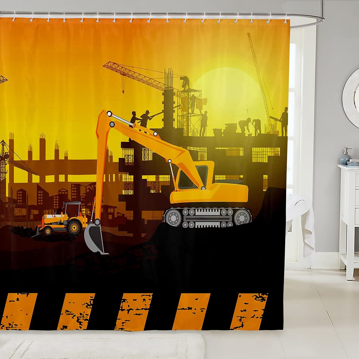 Excavator Bath Curtain Construction Site Cars Shower Curtain for Boys Girls Children Equipment Trucks Bathroom Curtain Construction Vehicles 59x71