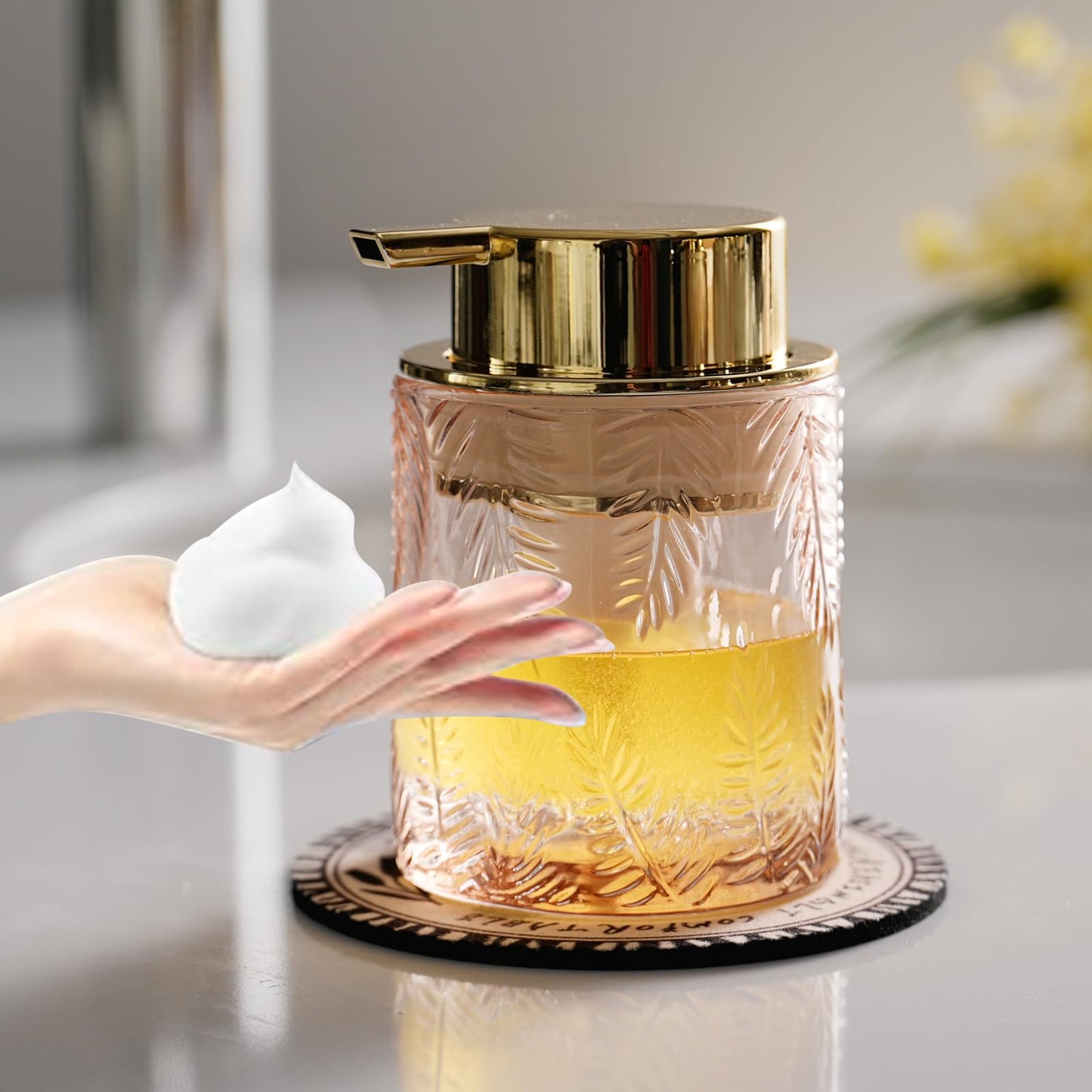 CICUFY Glass Foam Soap Dispenser for Kitchen & Bathroom - Refillable Lotion Dispenser with Large Gold Pump (Leaf Pattern-Pink)