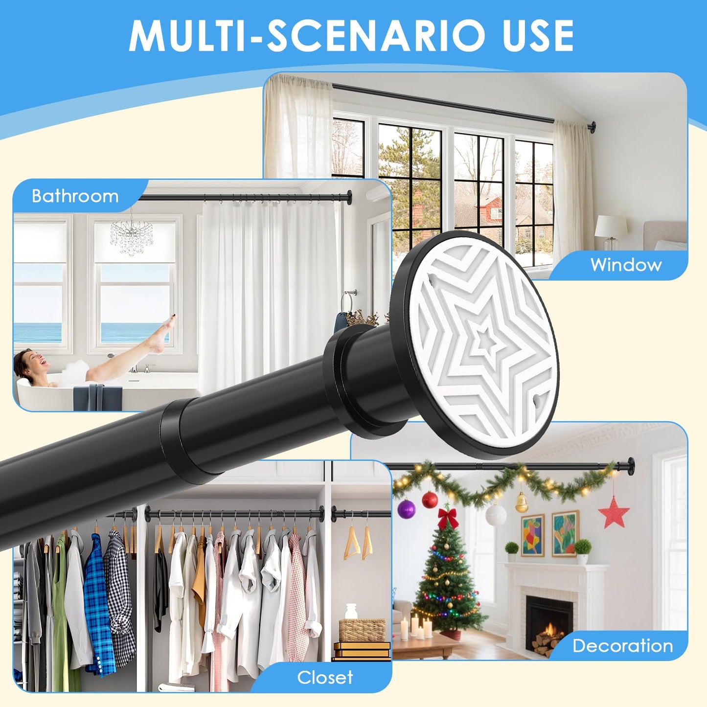 Black Shower Curtain Pole 78-223 cm, 28mm Extendable Tension Curtain Rod No Drill, Adjustable Heavy Duty Shower Rail with 1pcs Bracket for Bathroom