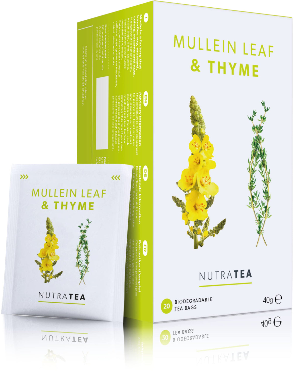 Nutra Tea Mullein Leaf & Thyme - Mullein Tea For Lungs & Throat - 80% Mullein Leaf, 20% Thyme - 60 Individual Wrapped Bags - Herbal Infusion (3 Pack)