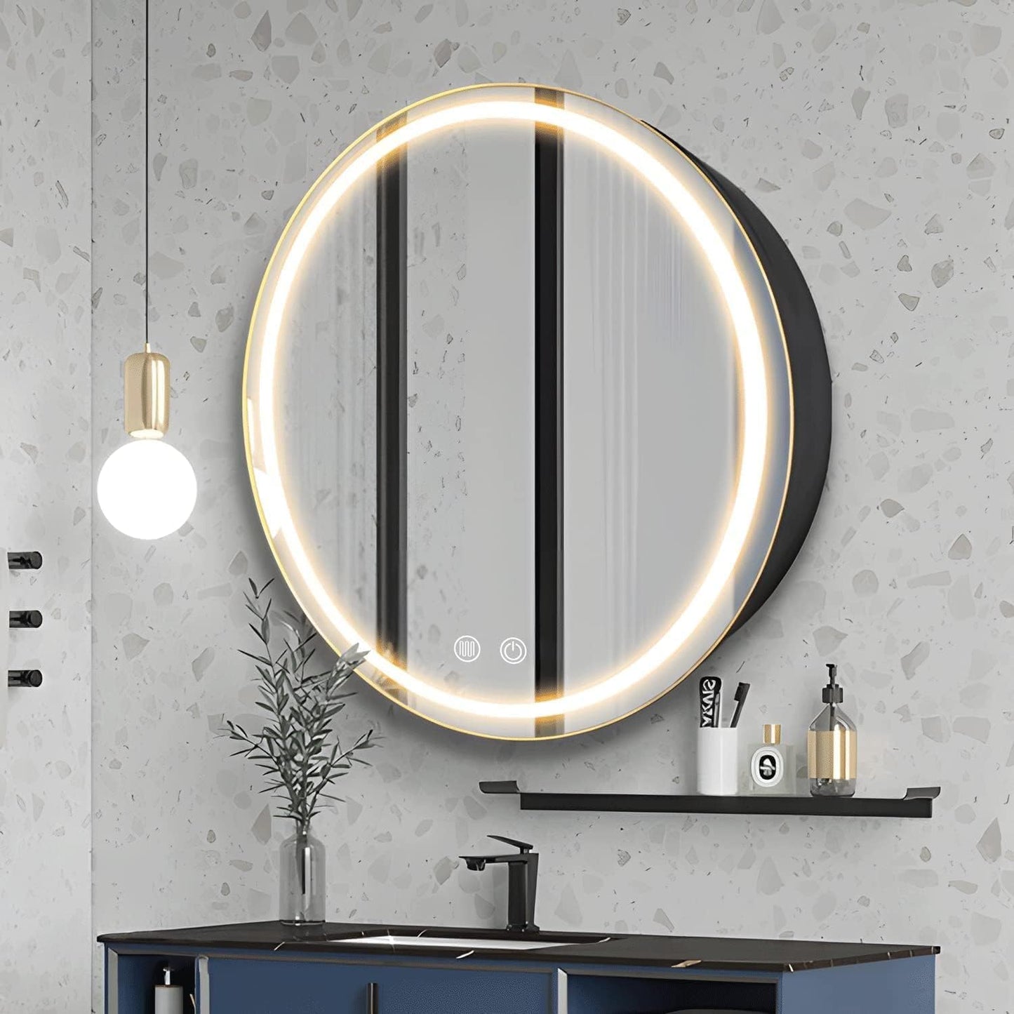Janboe 71cm Round Mirror Cabinet with Lights,with Defogger,Dimmable,Anti-Fog,3 Colors,Black
